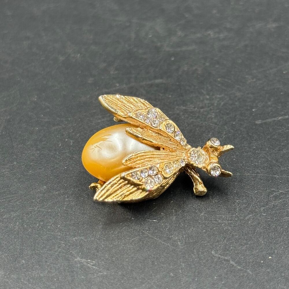 Vintage Gold Tone Bee Brooch Faux Pearl Body Clear Rhinestone Detailing